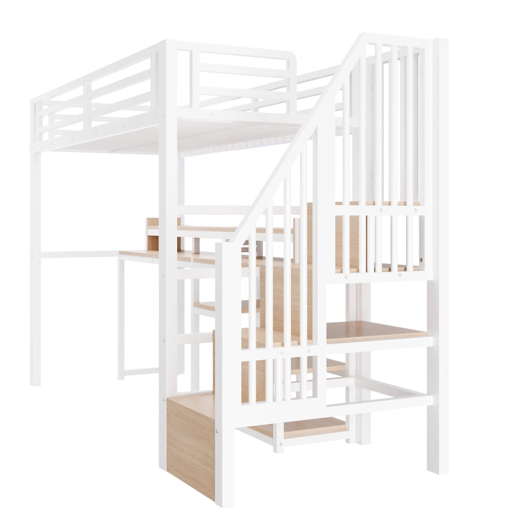 Letto a Soppalco 90 x 200 cm - USB, Type-C, LED e Ripiani - Bianco