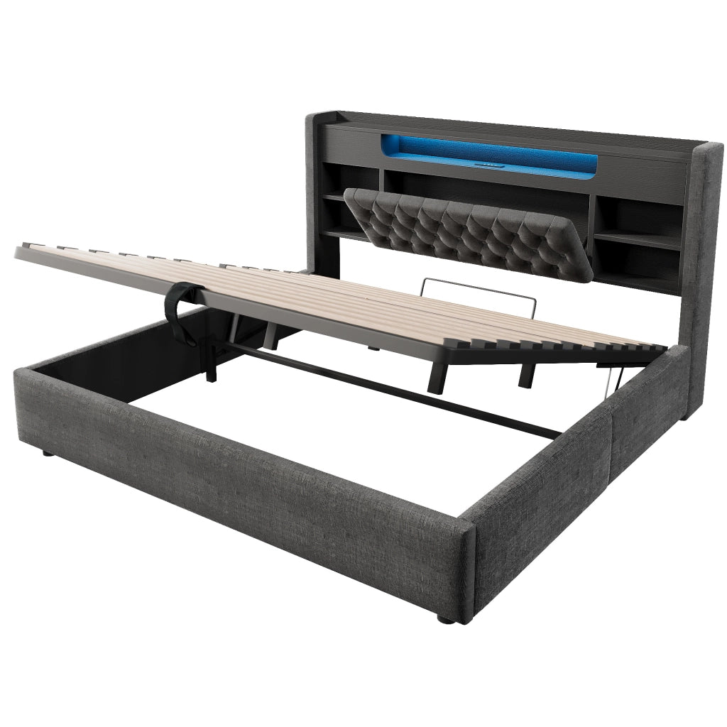 Letto 180x200 cm con contenitore idraulico, LED e USB-C in lino grigio