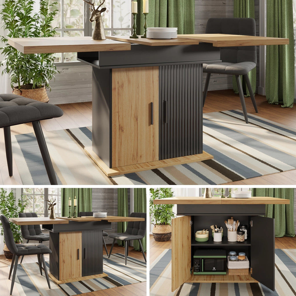 Tavolo allungabile con vano contenitore e ripiani regolabili in MDF e metallo nero naturale 110–140 × 80 × 75 cm
