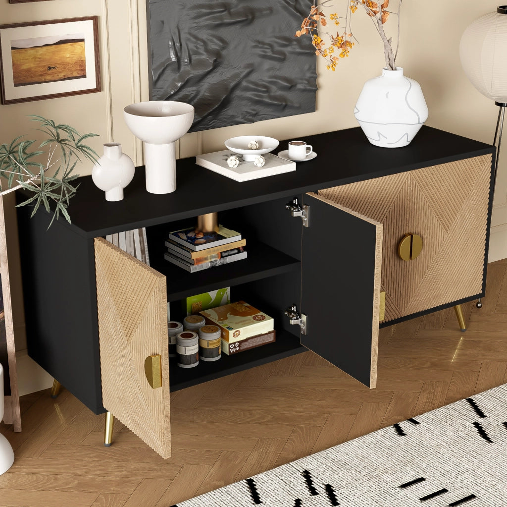 Sideboard 160 cm in MDF e PB con 4 porte, maniglie dorate spazzolate e gambe lucide oro