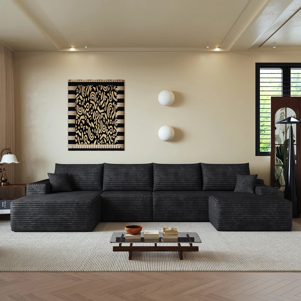 Divano angolare modulare con chaise longue e schiuma elastica in tessuto a coste nero