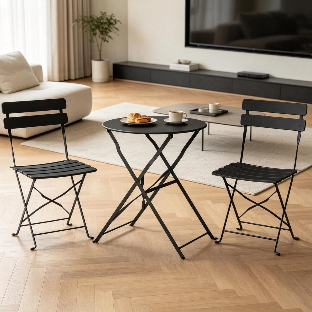 Set bistrot pieghevole da giardino in metallo nero, tavolo Ø58x70 cm, salvaspazio –