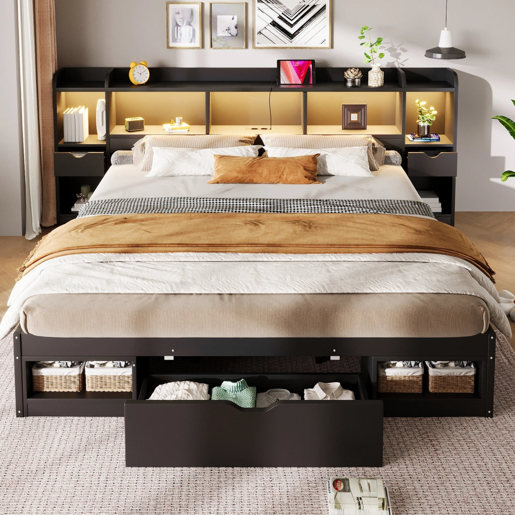 Letto con 3 cassetti e LED ¨C Minimal ¨C Nero 180x200cm