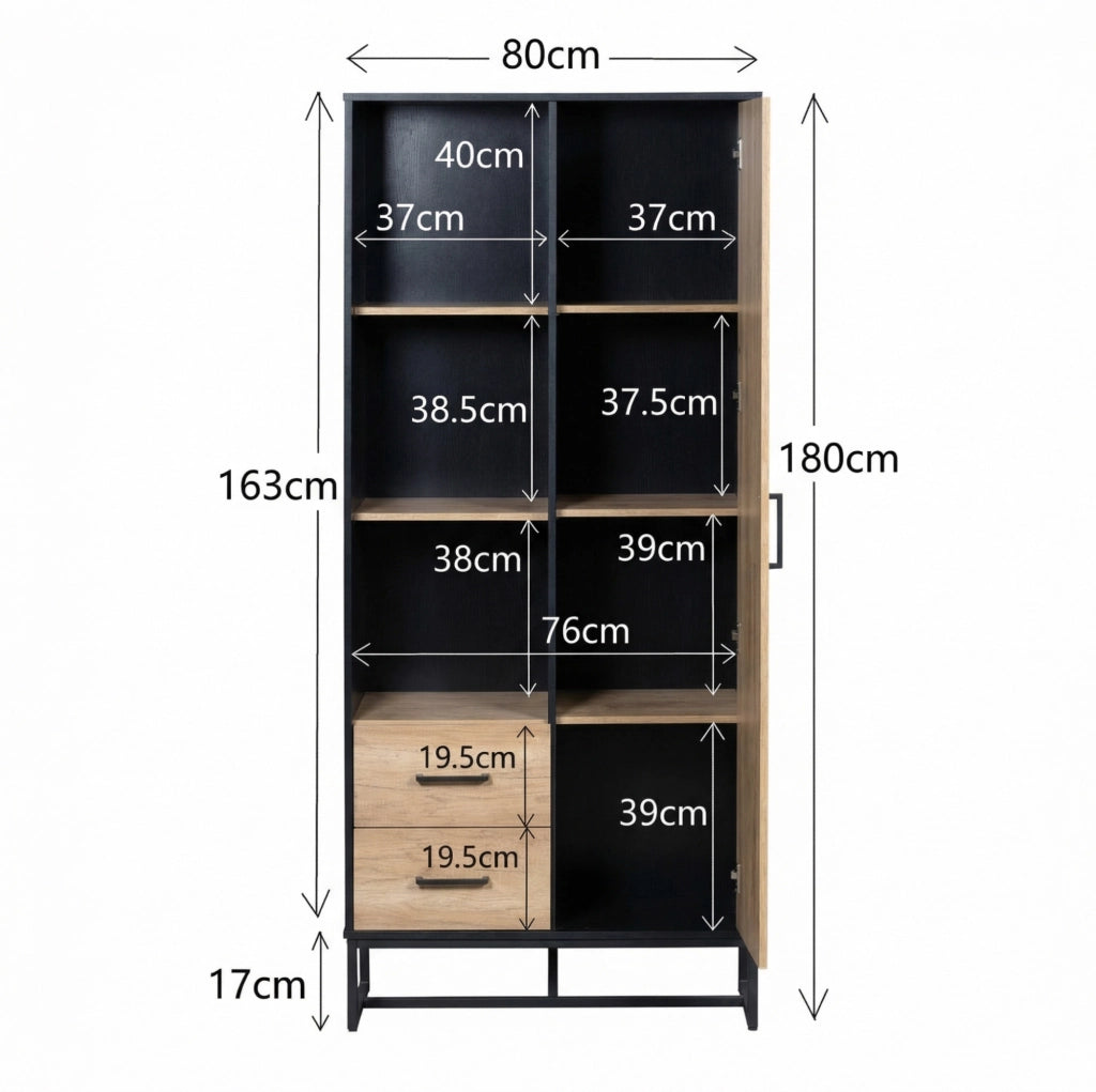 Mobile Highboard 80x40x180 cm in Legno Chiaro con Struttura Nera, 1 Porta, 2 Cassetti e 3 Ripiani Aperti
