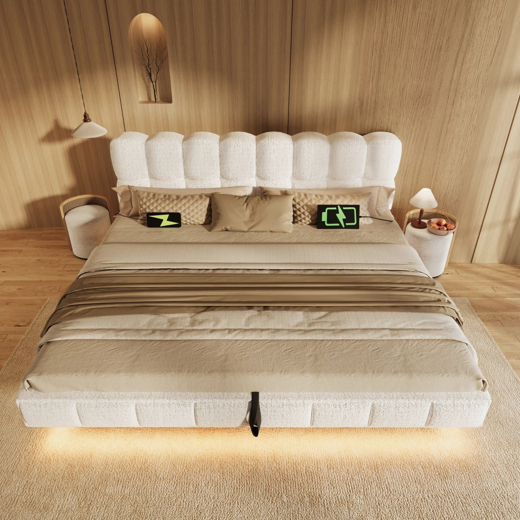 Letto contenitore 180 × 200 cm con LED e porte USB e Type-C rivestito in ciniglia beige con rete a doghe