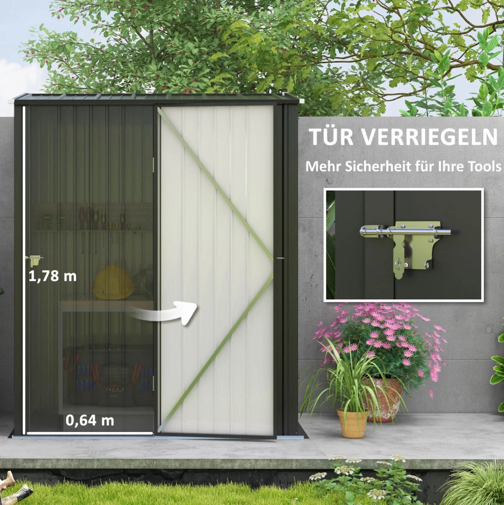 Casetta da giardino in acciaio zincato 1,34 m² con tetto a spiovente, armadio chiudibile 161,5x94,5x196 cm, nero