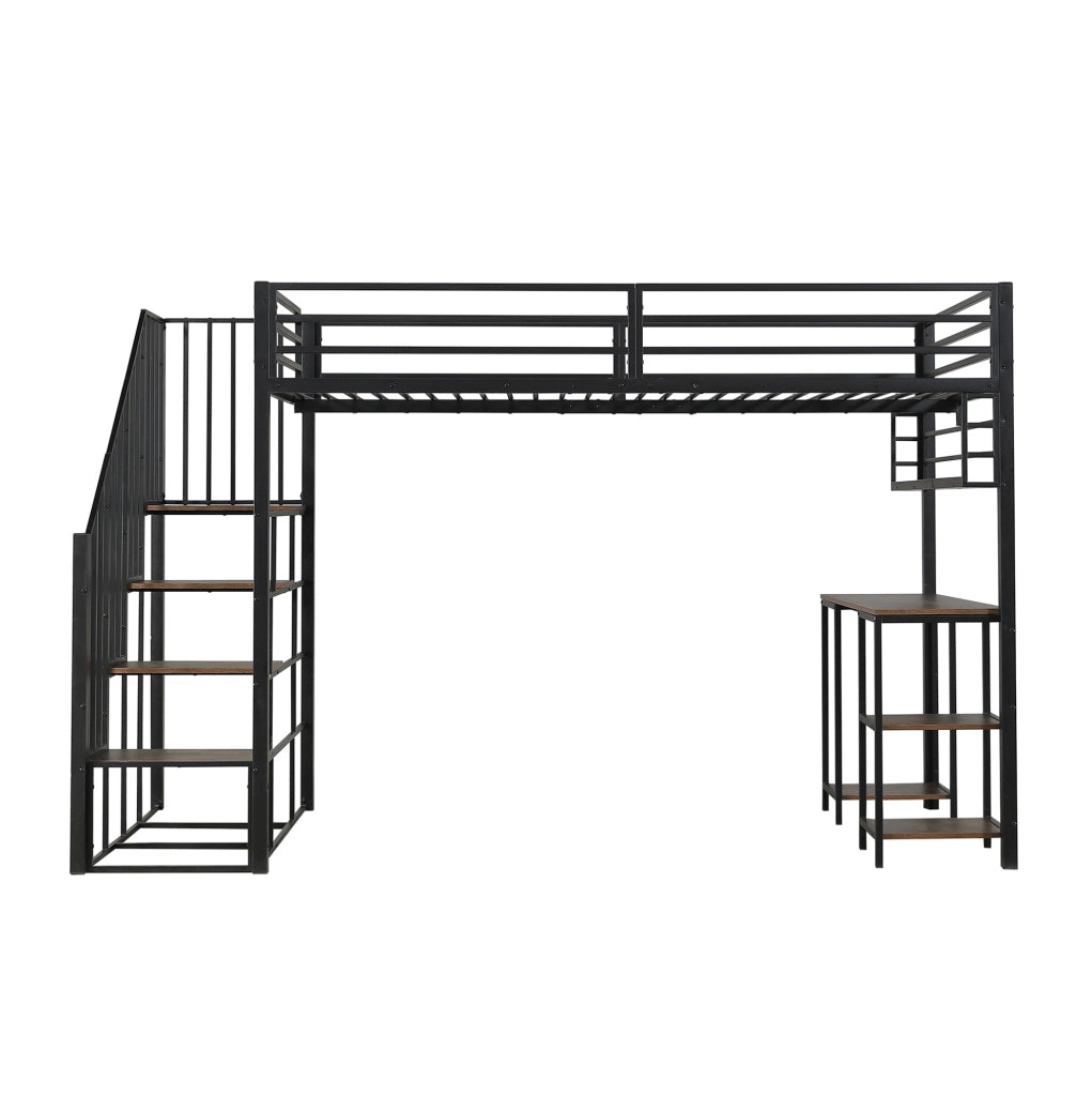 Letto a soppalco 120x200 cm con scrivania integrata e scaffale; metallo e legno; nero e noce scuro
