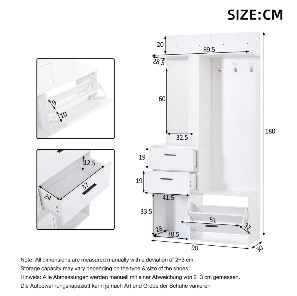 Mobile guardaroba 90x30x180 cm bianco in MDF, specchio e scarpiera