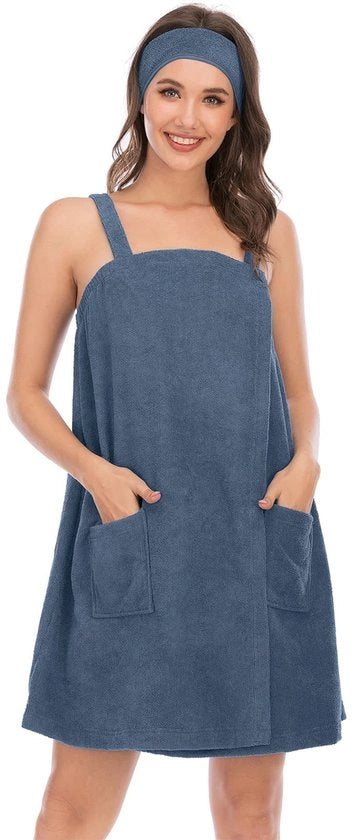 Badjas Verstelbare con Cappuccio per Donne, per Sport, Docce, Spa e Spiaggia, Blu/Grigio M