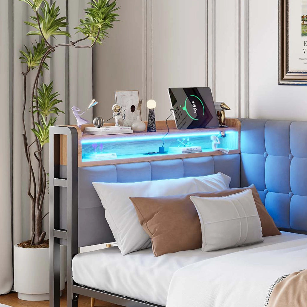 Divano letto 90 × 200 cm con 2 cassetti LED USB e Type-C struttura in metallo grigio