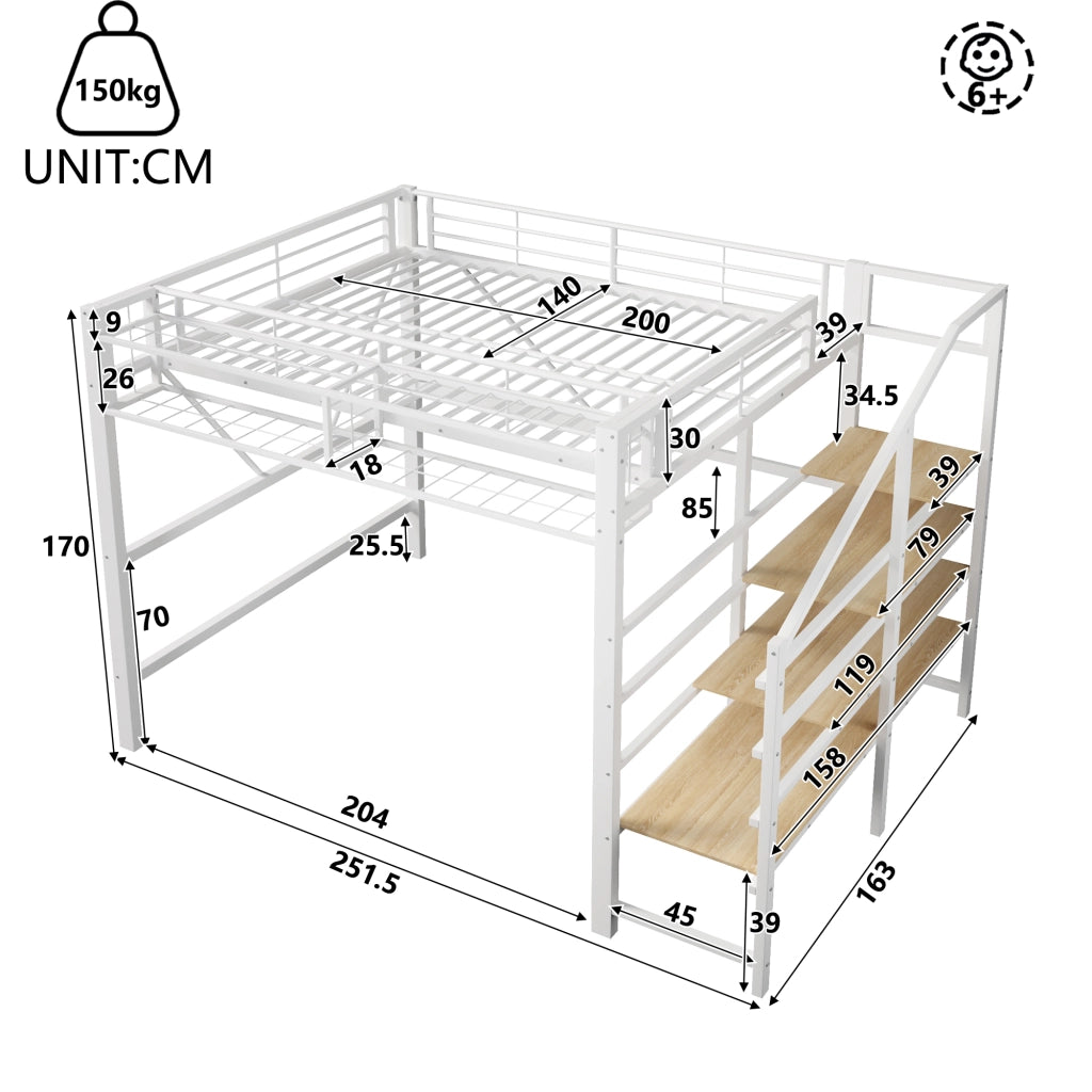 Hochbett 140x200 cm in metallo e MDF, con scala a ripiani, rete a griglia, contenitore e LED, bianco