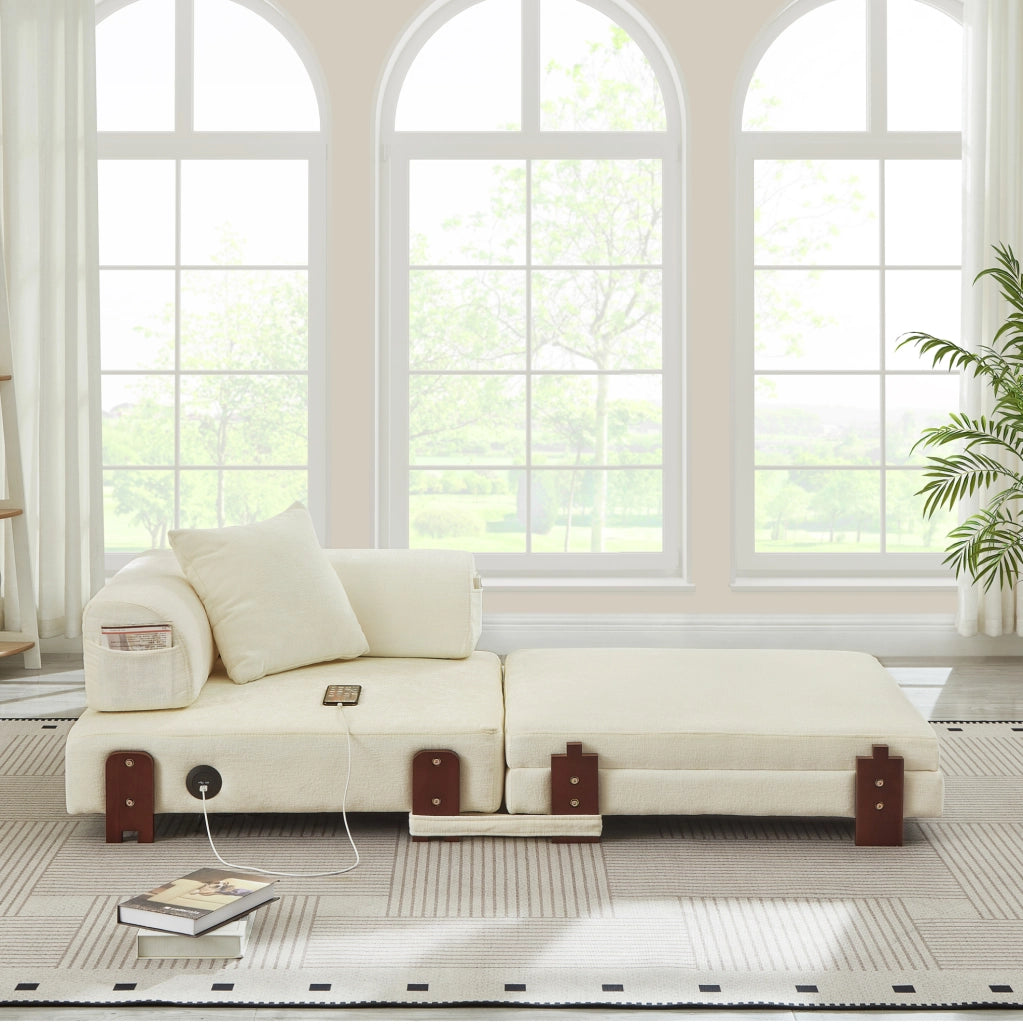 Divano letto pieghevole 2 in 1 170,5x84x48 cm beige con USB, Type-C e contenitore