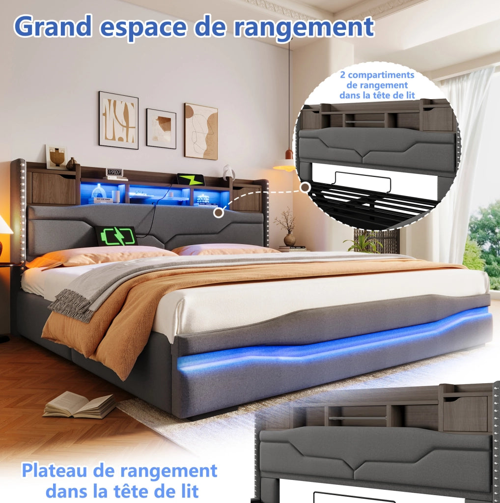 Letto imbottito 180x200 cm con contenitore idraulico, LED e prese USB, grigio