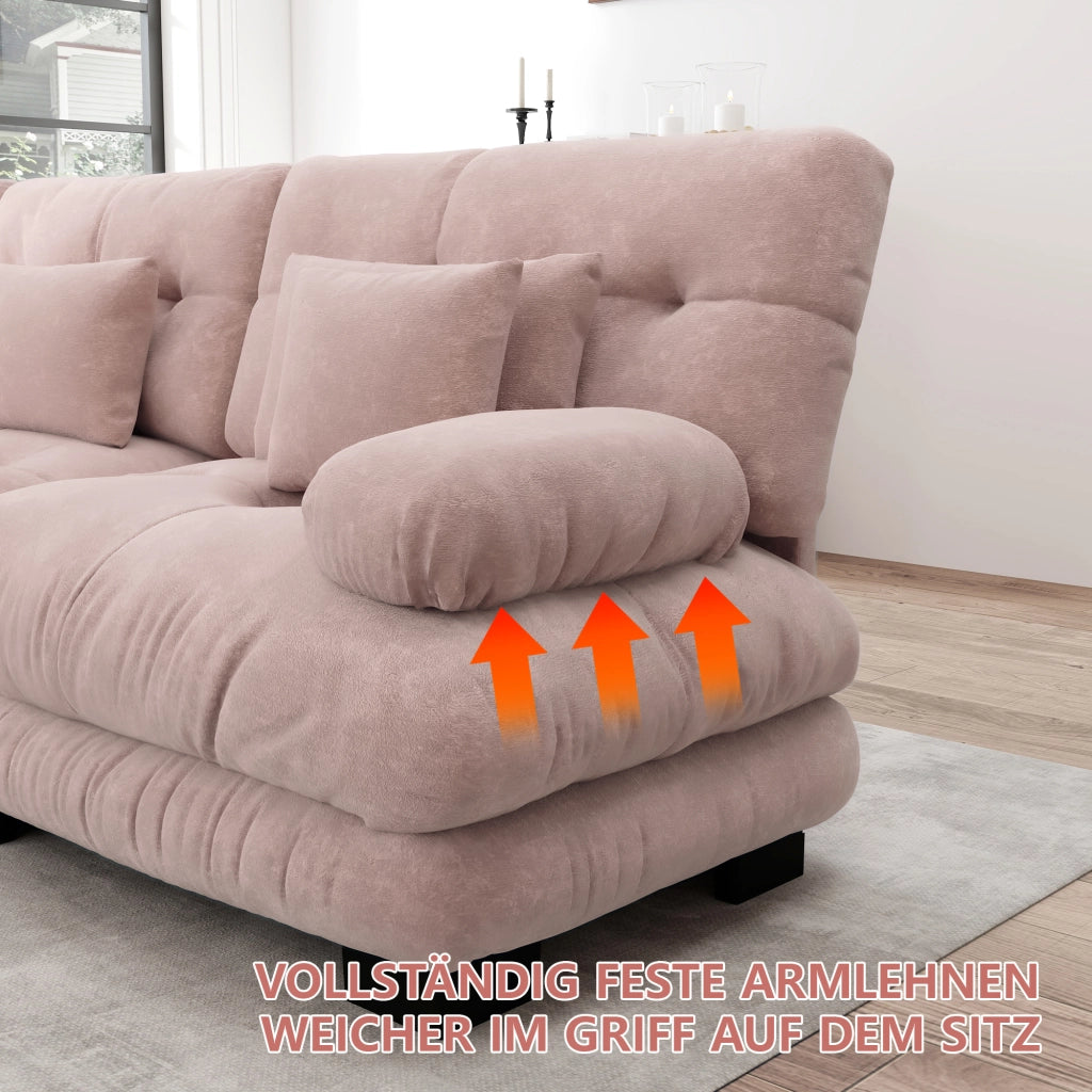Divano modulare a L con ottomani in chenille rosa con cuscini lombari e decorativi da salotto 81 × 220 × 145 cm