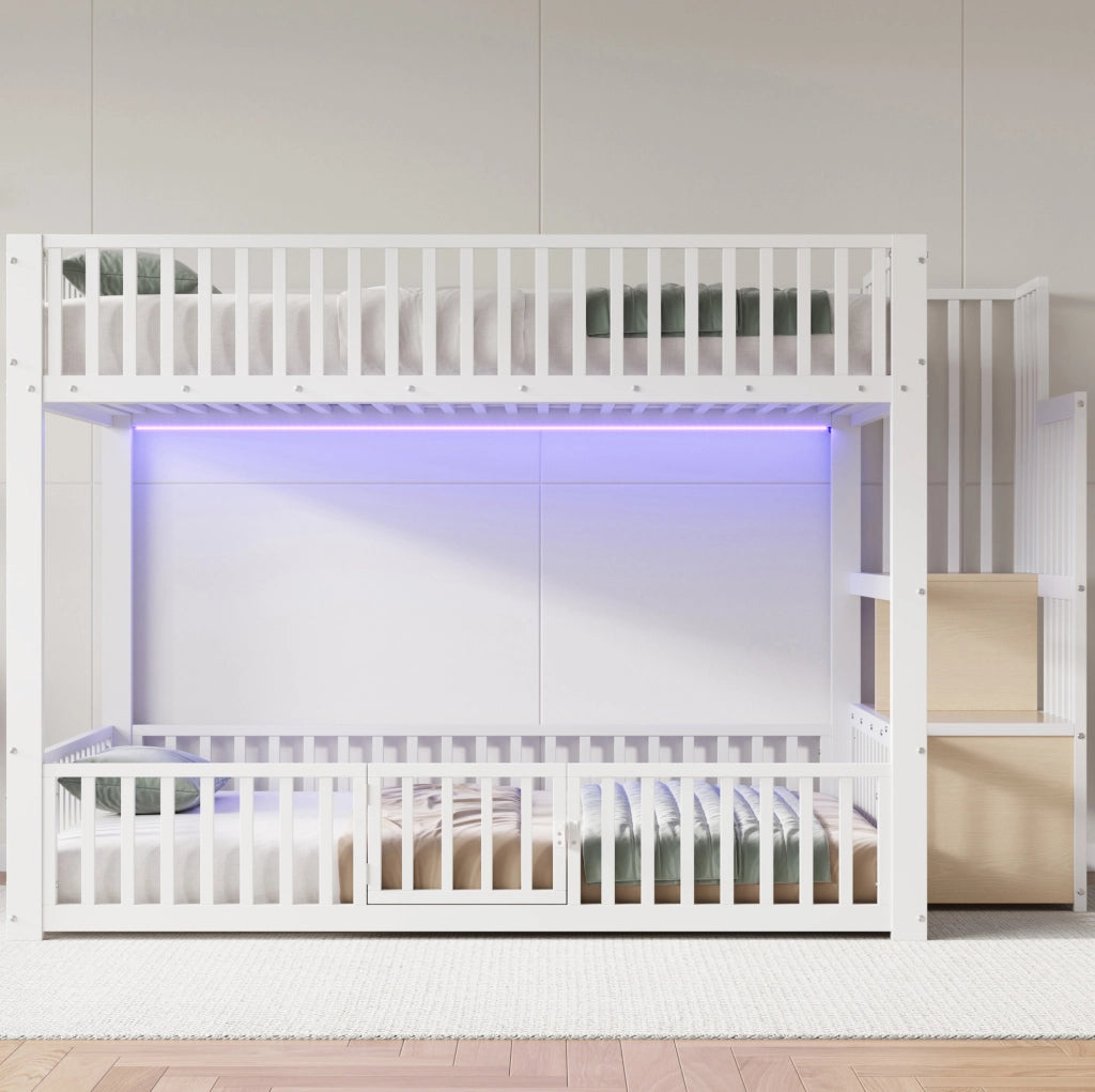 Letto a castello 140x200 con scala contenitore e illuminazione LED, colore bianco
