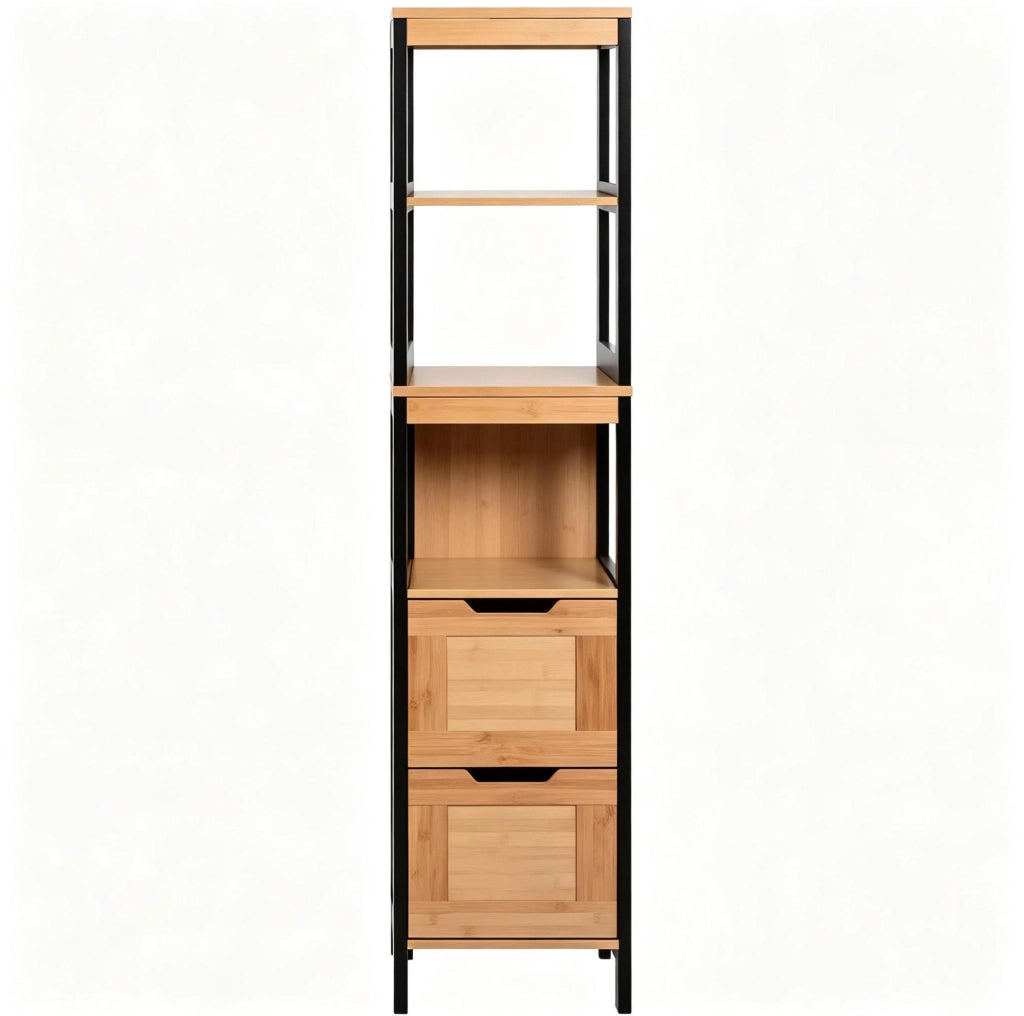 Mobile alto da bagno 30x30x144,3 cm con 3 ripiani e 2 cassetti in bamb¨´ e MDF