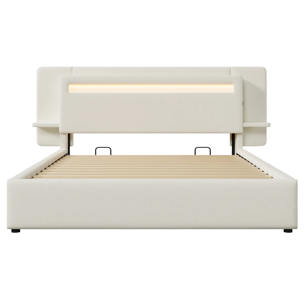 Letto imbottito 140 x 200 cm con contenitore idraulico, comodino integrato e luce LED multicolore beige