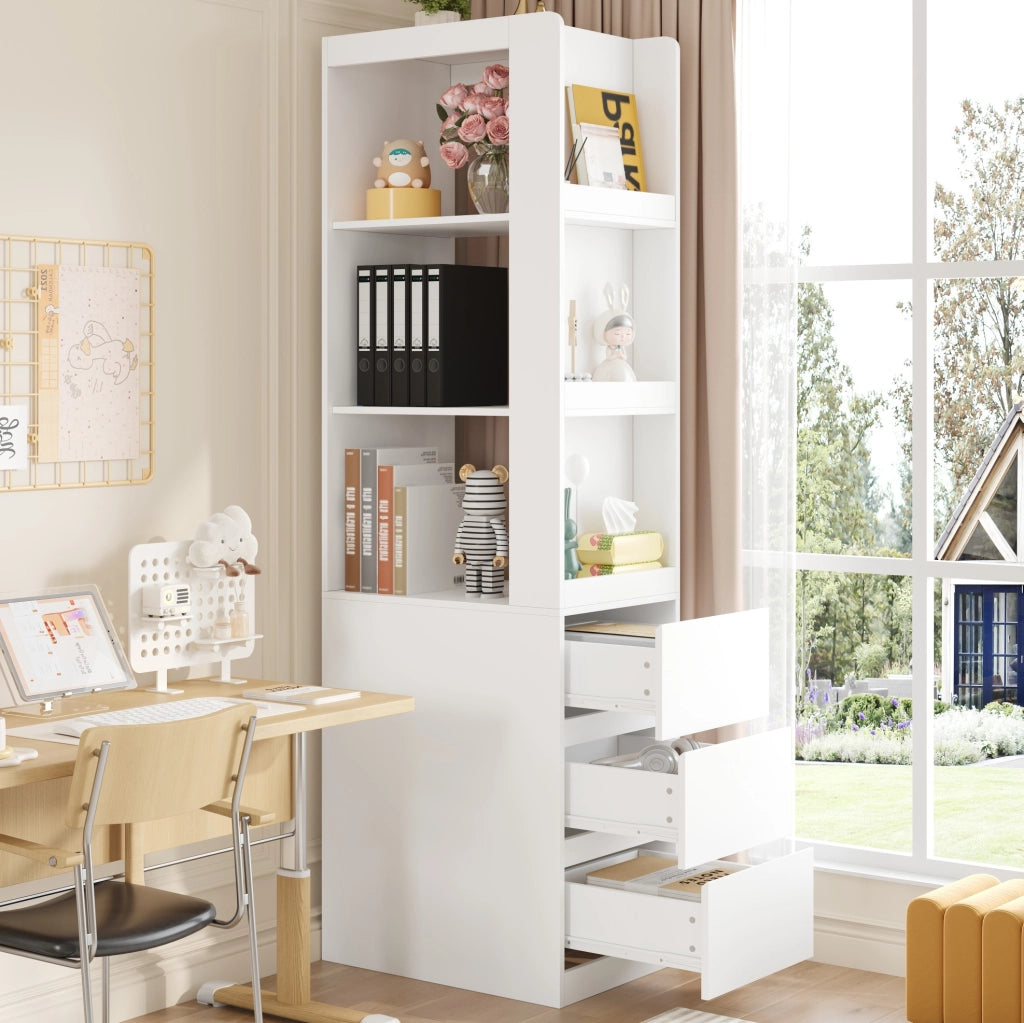 Libreria stretta bianca alta 200 cm con 3 cassetti