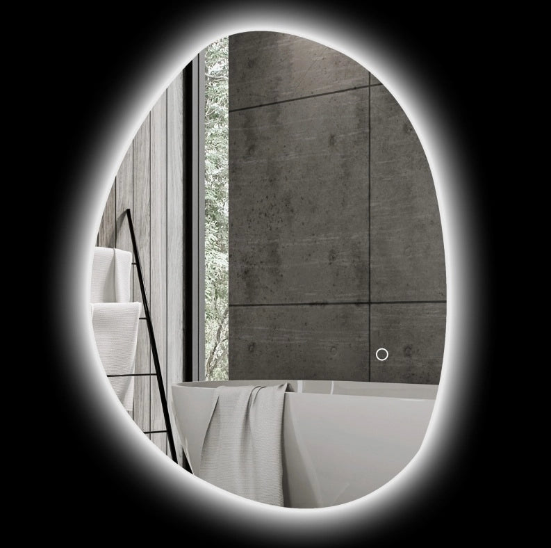 Specchio bagno asimmetrico LED con antiappannamento, argento