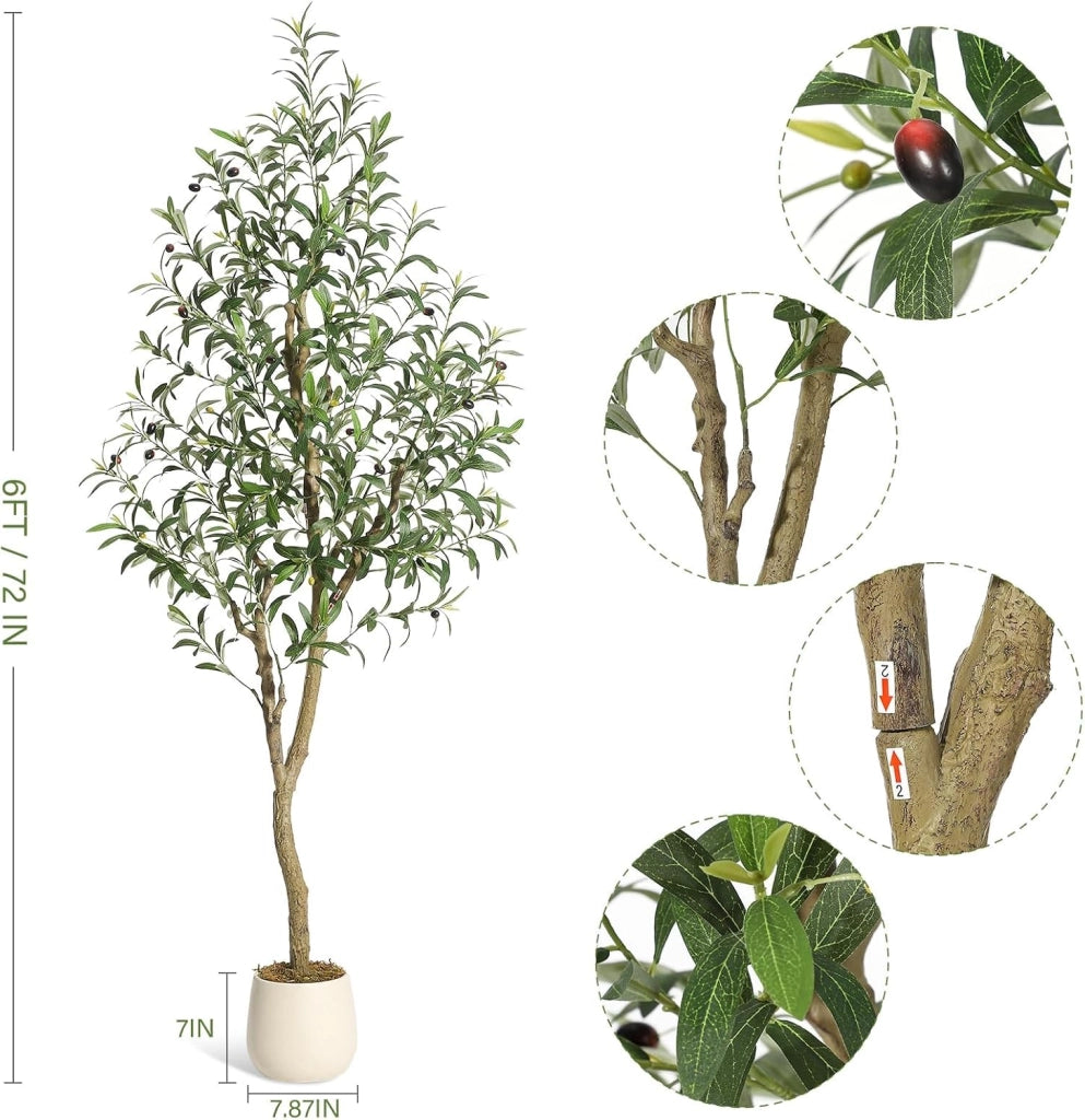 Set 2 Piante di Olivo Artificiale 180 cm con Tronco in Legno Frutti e Vaso Bianco