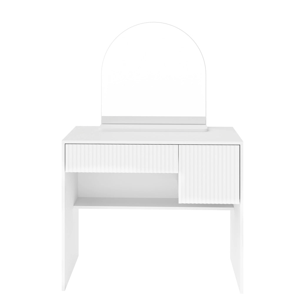 Tavolo da trucco 90x40x135 cm con specchio arcuato e 2 cassetti in MDF bianco