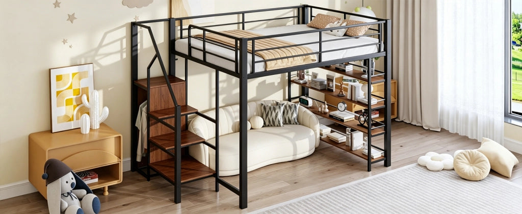 Letto a soppalco 140 × 200 cm con scala contenitore armadio e ripiani in metallo nero