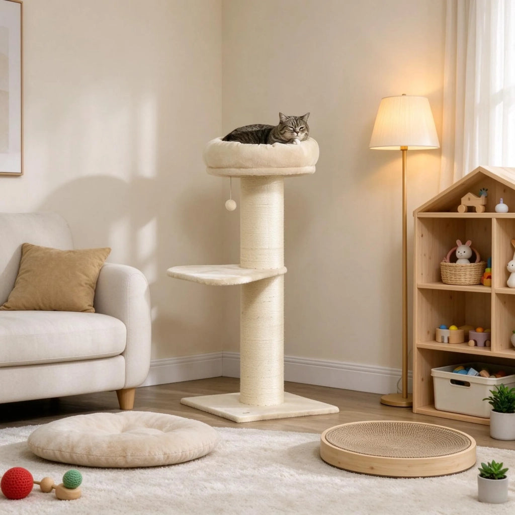 Tiragraffi per gatti con sisal naturale, 2 piattaforme, cesto panoramico, giochi e palla di peluche pendente (solo albero per gatti)
