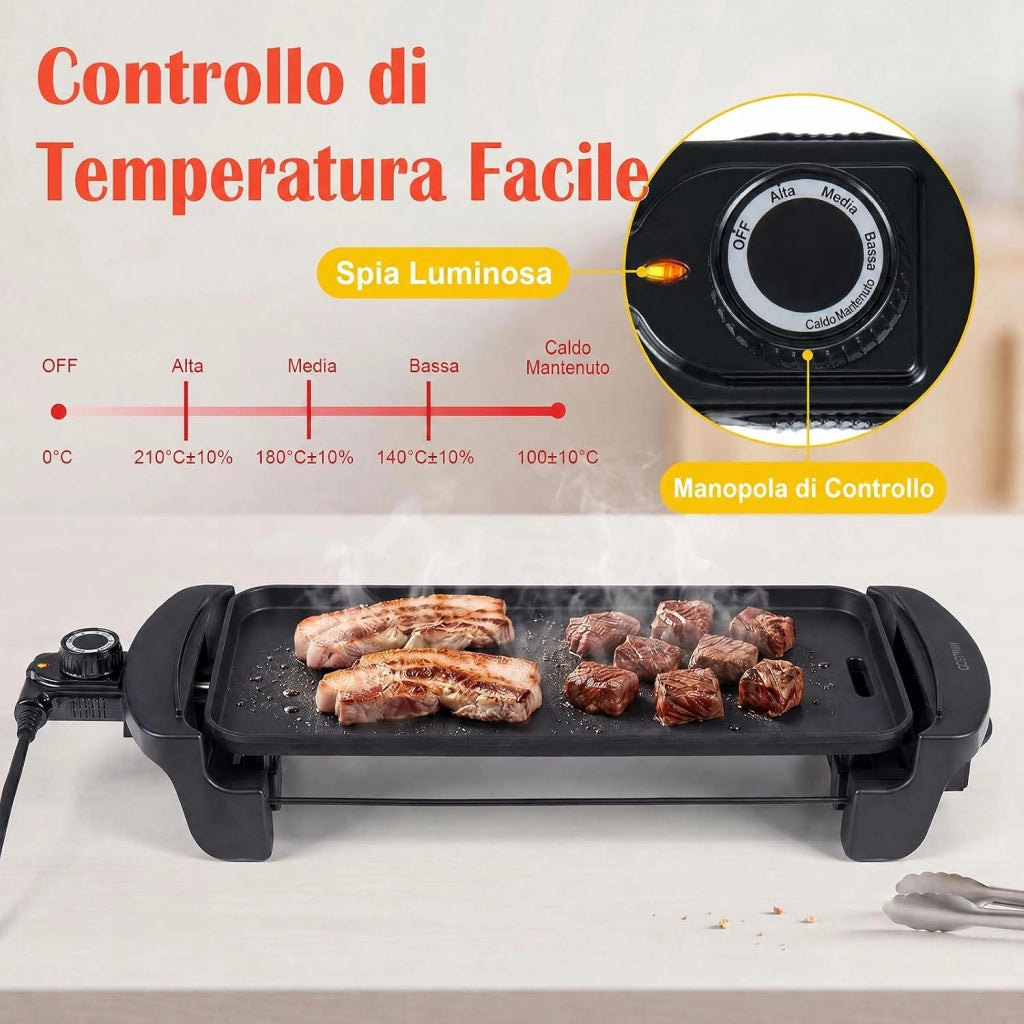Piastra Elettrica per Grigliare con Rivestimento Antiaderente
Barbecue Elettrico con Temperatura Regolabile, Vassoio Raccogli-grasso e Manici Freddi, per Interno ed Esterno (2150W)