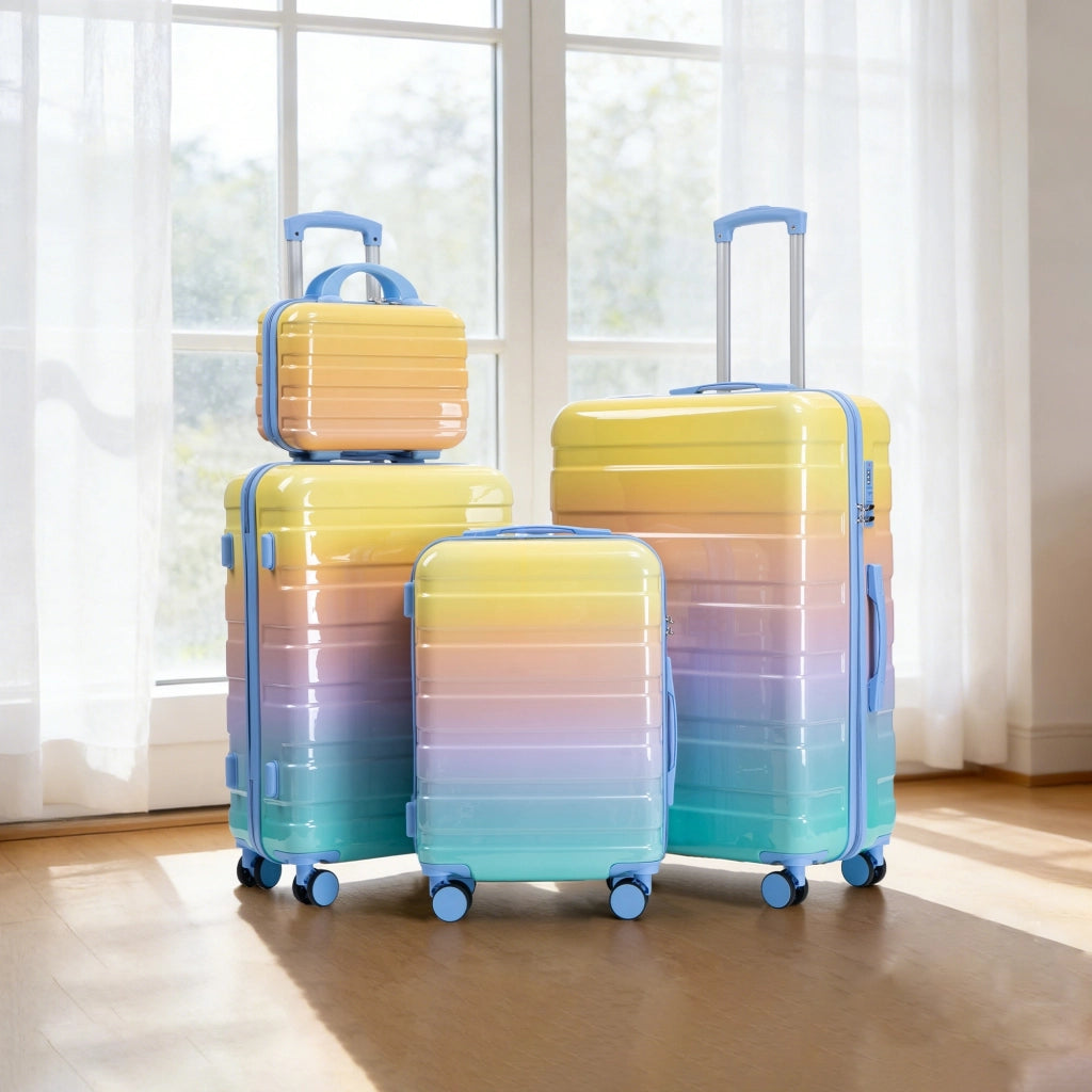 Set di valigie 4 pezzi in PC giallo con trolley 20 24 e 28 pollici beauty case 14 pollici e lucchetto numerico
