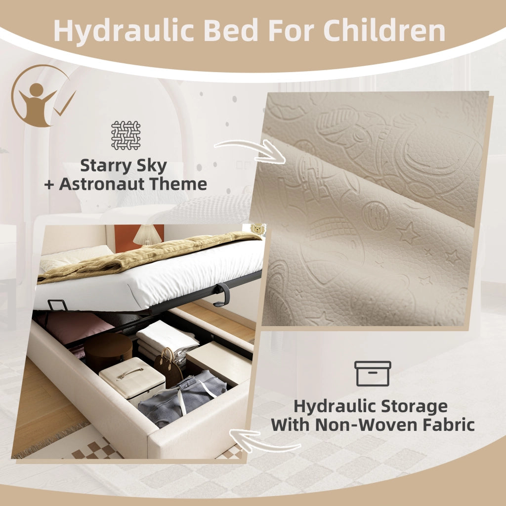 Letto contenitore 90 × 200 cm con testiera imbottita in PU beige struttura in metallo legno e MDF