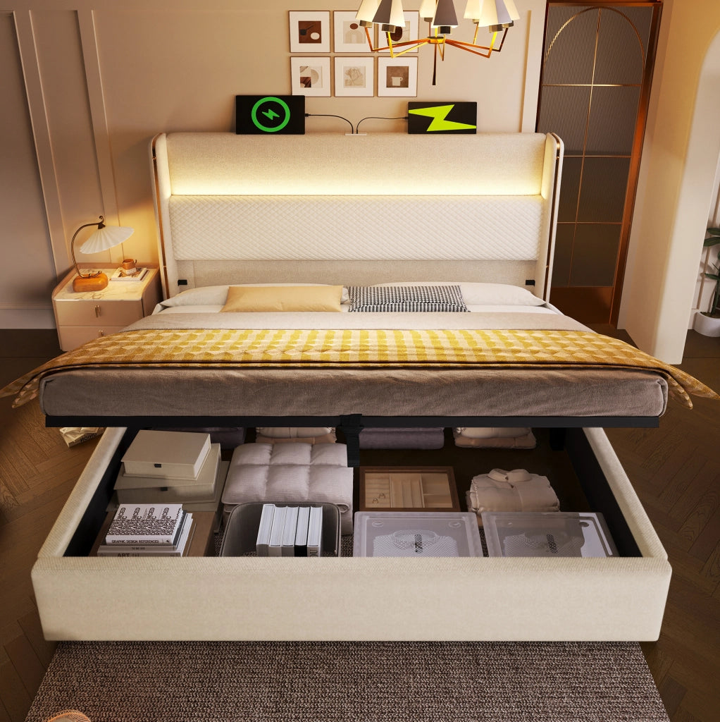 Letto idraulico 180x200 cm in lino beige con LED, contenitore e materasso