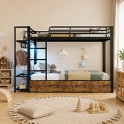 Letto a castello 90x200 cm con LED; 2 cassetti e ripiani in metallo e MDF nero
