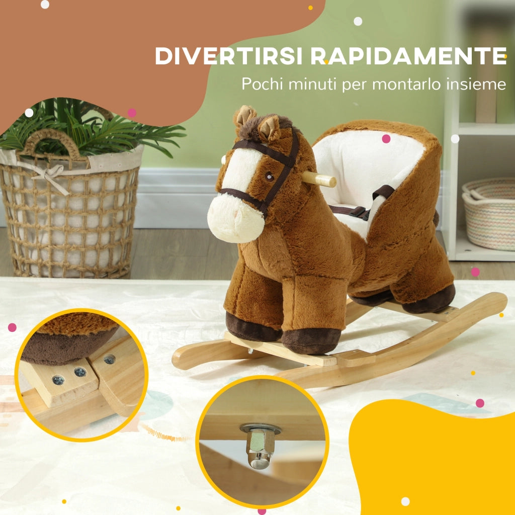 Cavallo a Dondolo per Bambini 18-36 Mesi con Suoni, Base in Legno e Cintura di Sicurezza, Marrone