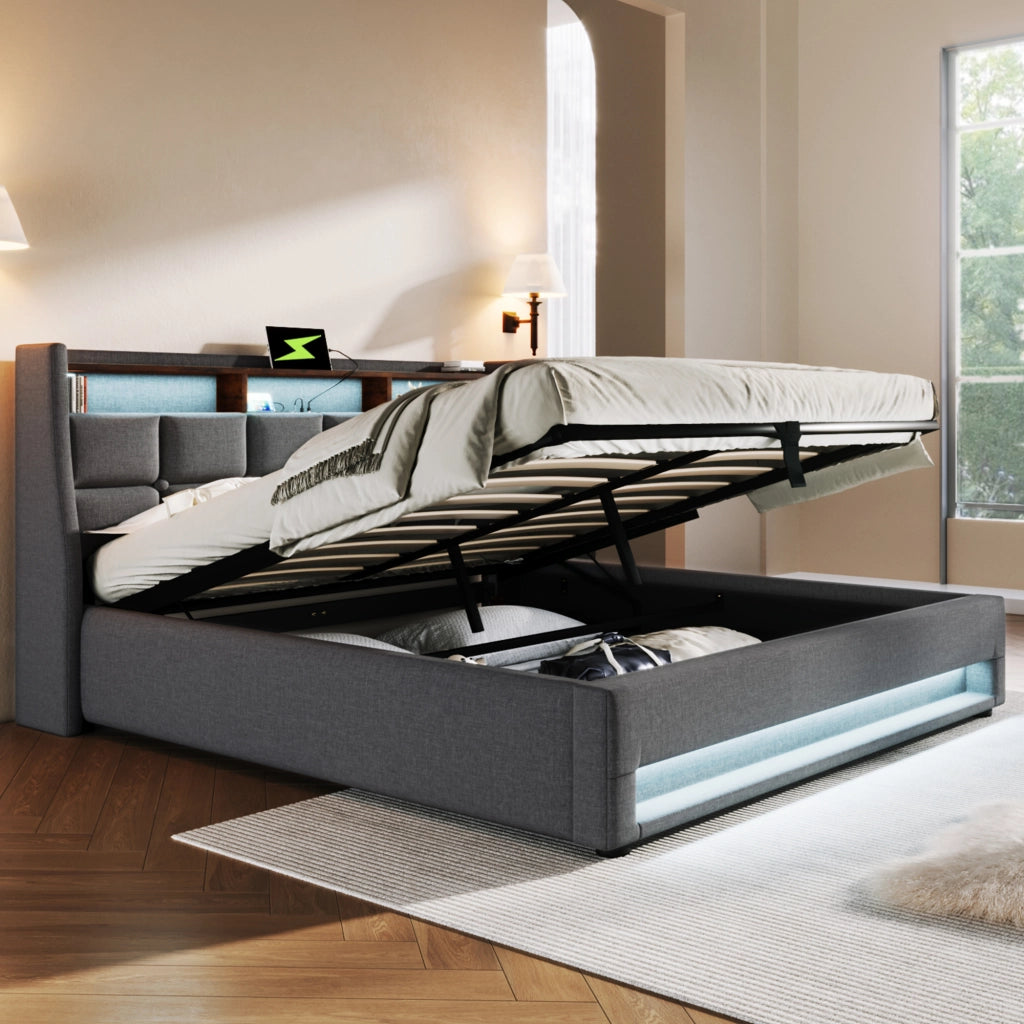 Letto matrimoniale 160x200 con Contenitore; Luci LED e Prese USB; Letto imbottito in lino; Grigio e Beige Chiaro
