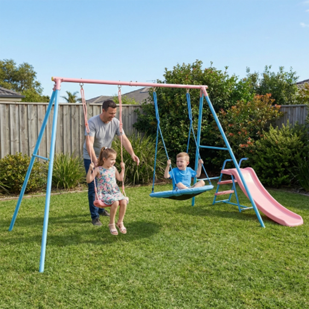Altalena con scivolo due sedute classica e rotonda struttura in acciaio e HDPE blu e rosa per bambini dai 3 anni