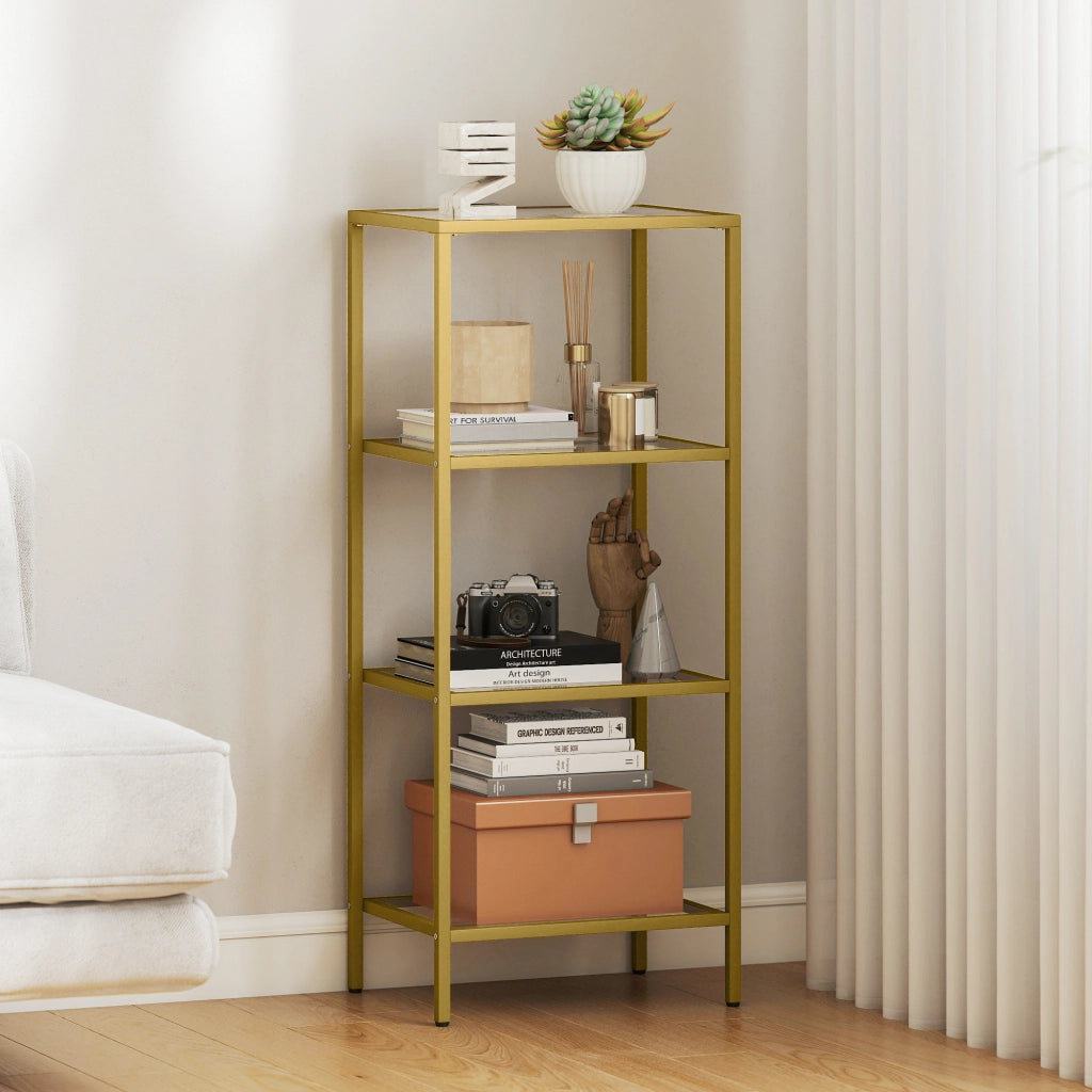 Scaffale a 4 Livelli in Metallo e Vetro Temperato, Mobiletto Salvaspazio per Casa, Design Moderno, Robusto, Color Oro, 40x30x96.5 cm