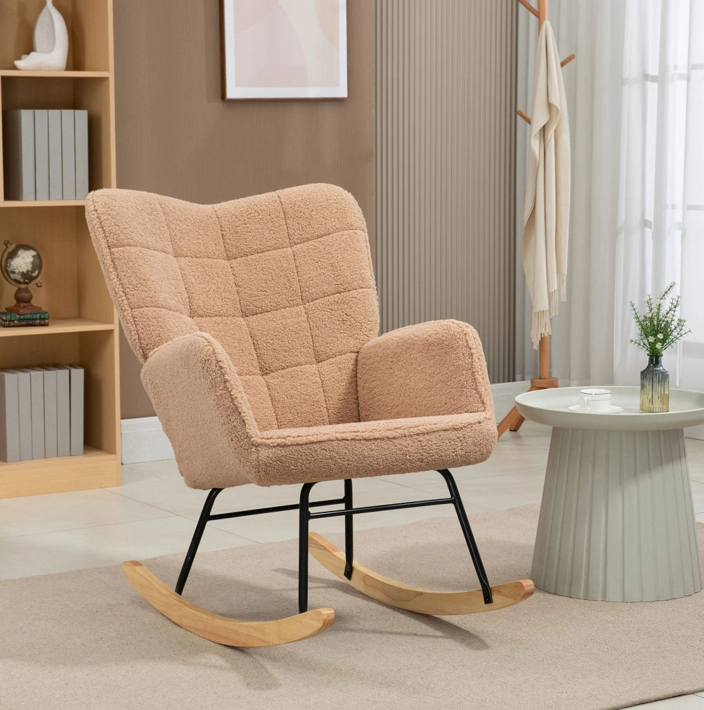 Poltrona a dondolo ULEVR 71x98x101 cm con schienale alto e braccioli, imbottita in poliestere marrone