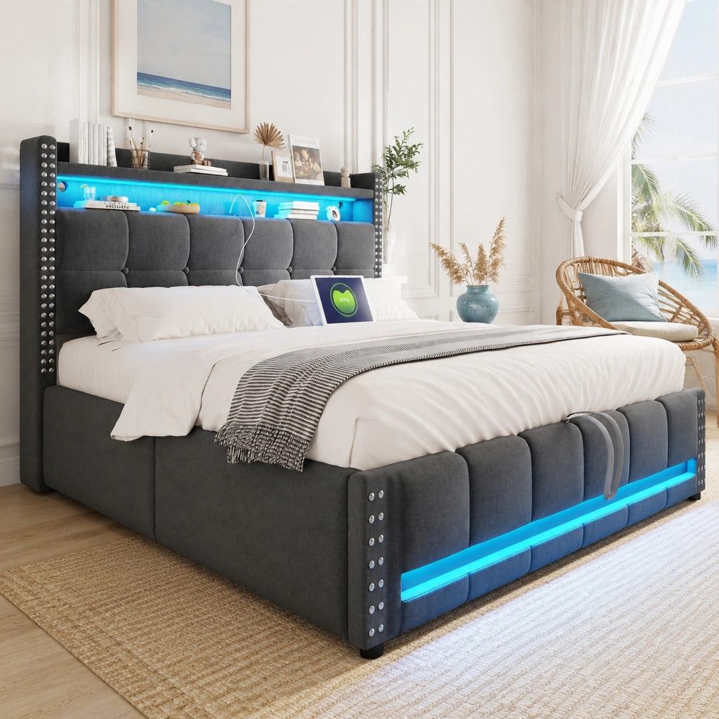 Letto imbottito matrimoniale 140x200 cm con LED, USB, contenitore e testiera attrezzata