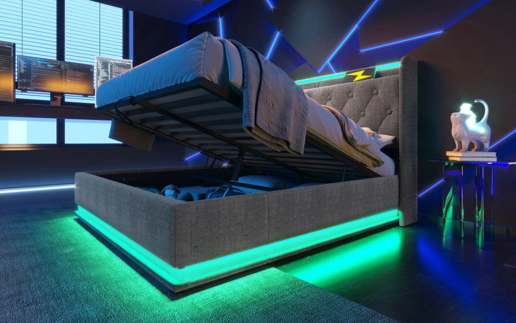 Letto matrimoniale imbottito grigio in lino 160x200 cm con LED 360°, testiera con USB Tipo-C e contenitore idraulico
