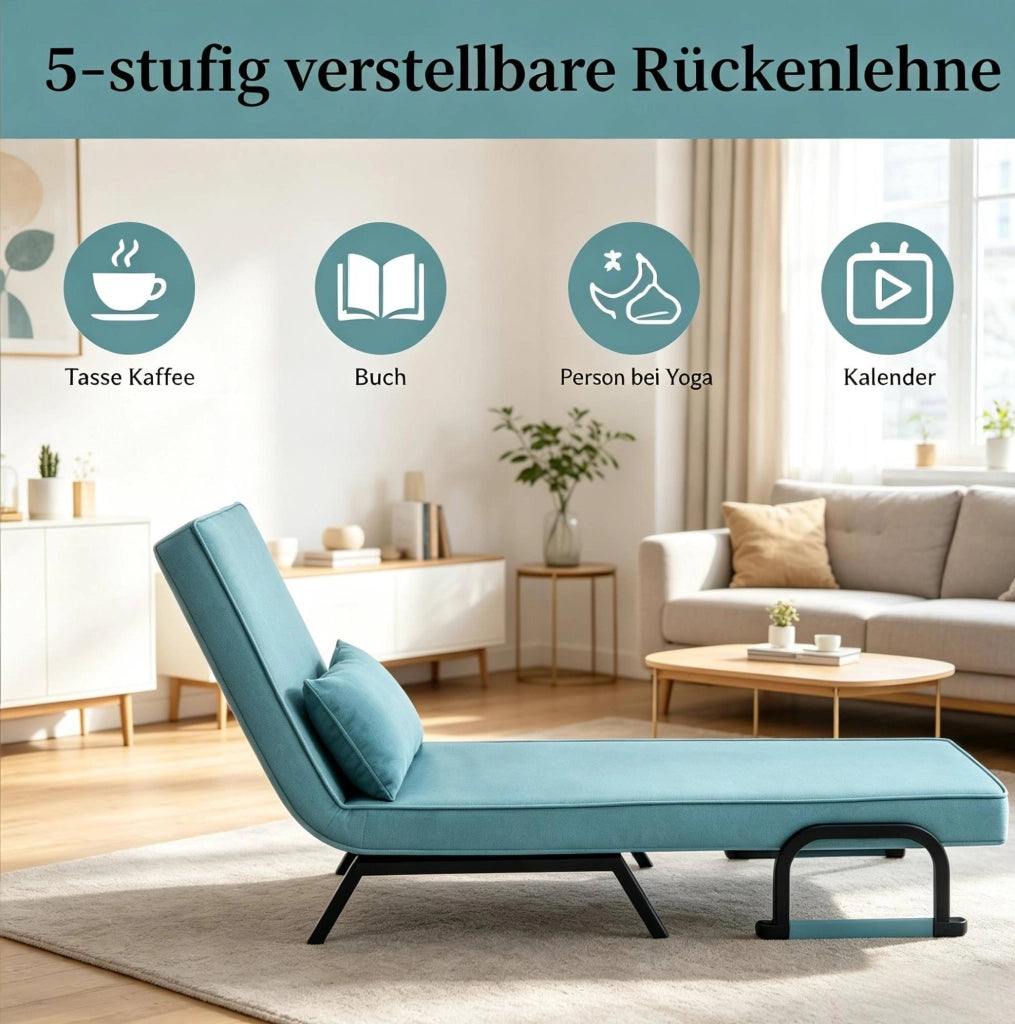 Poltrona letto ULEVR 3 in 1 blu con schienale regolabile in 5 posizioni, struttura in metallo, portata 150 kg
