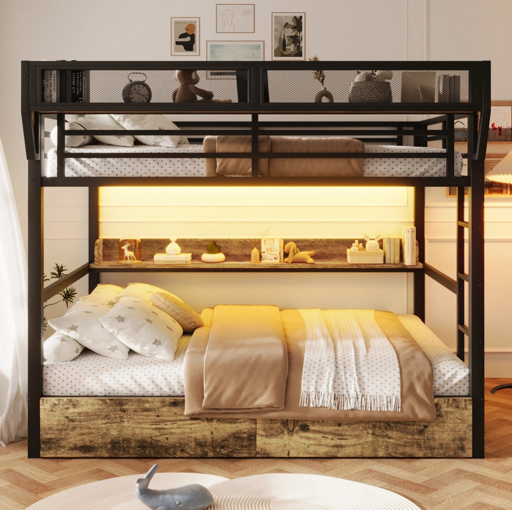Letto a castello ULEVR 140x200 cm con LED multicolore, 2 cassetti, ripiani e cestino laterale, nero