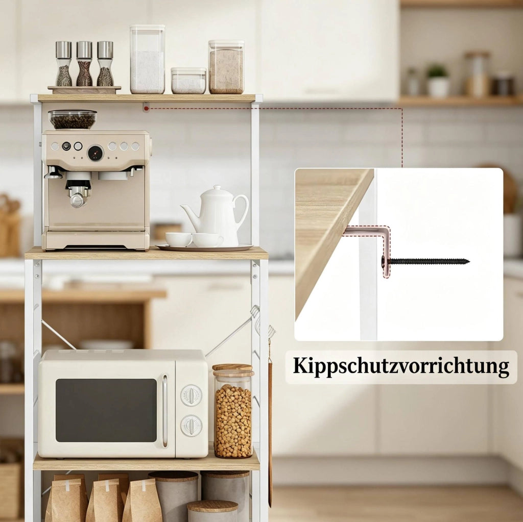 Scaffale da cucina a 4 ripiani con ganci, bianco e rovere