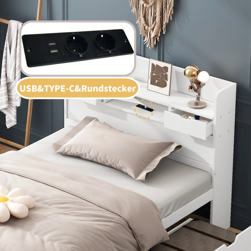 Letto singolo 90×200 cm con cassetti; armadio; USB e Type-C; rete inclusa; senza materasso; legno; bianco
