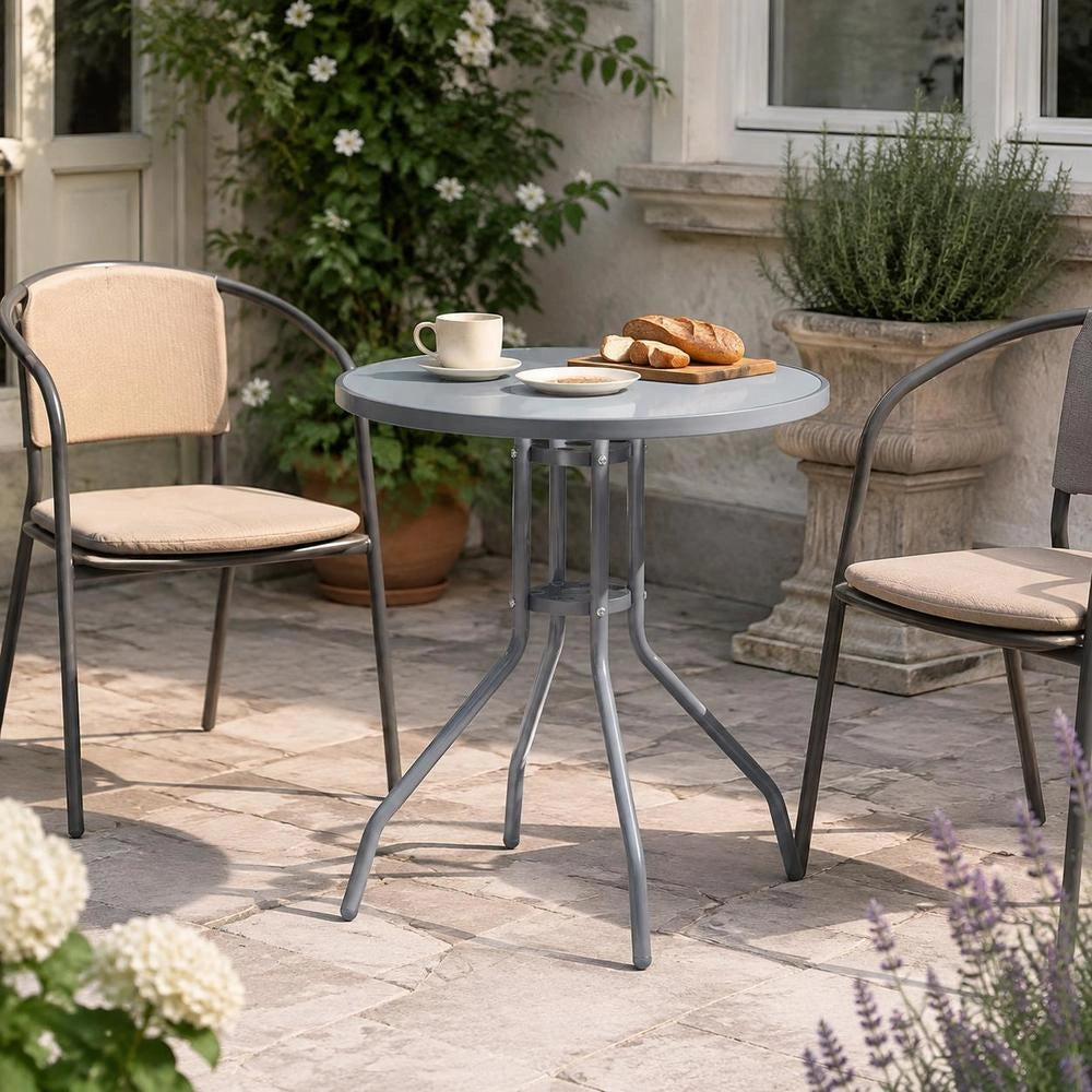 Garden Table, Light Grey, 80 Cm, Steel And Glass