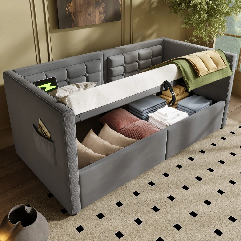 Divano letto imbottito 90x200 cm con contenitore idraulico; USB e Type-C; grigio in velluto