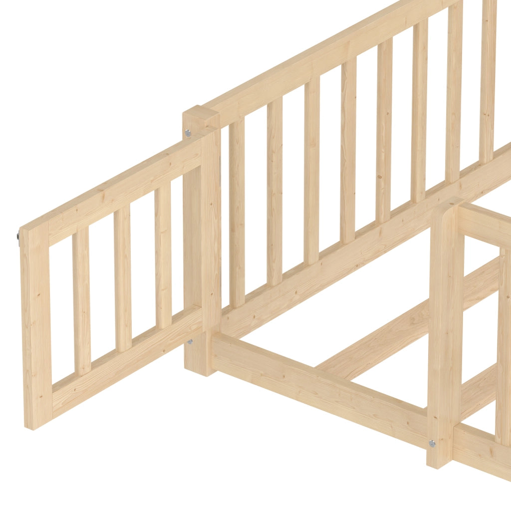 Letto per bambini 140x190 cm in legno di pino naturale con struttura a casa e protezione con chiusura