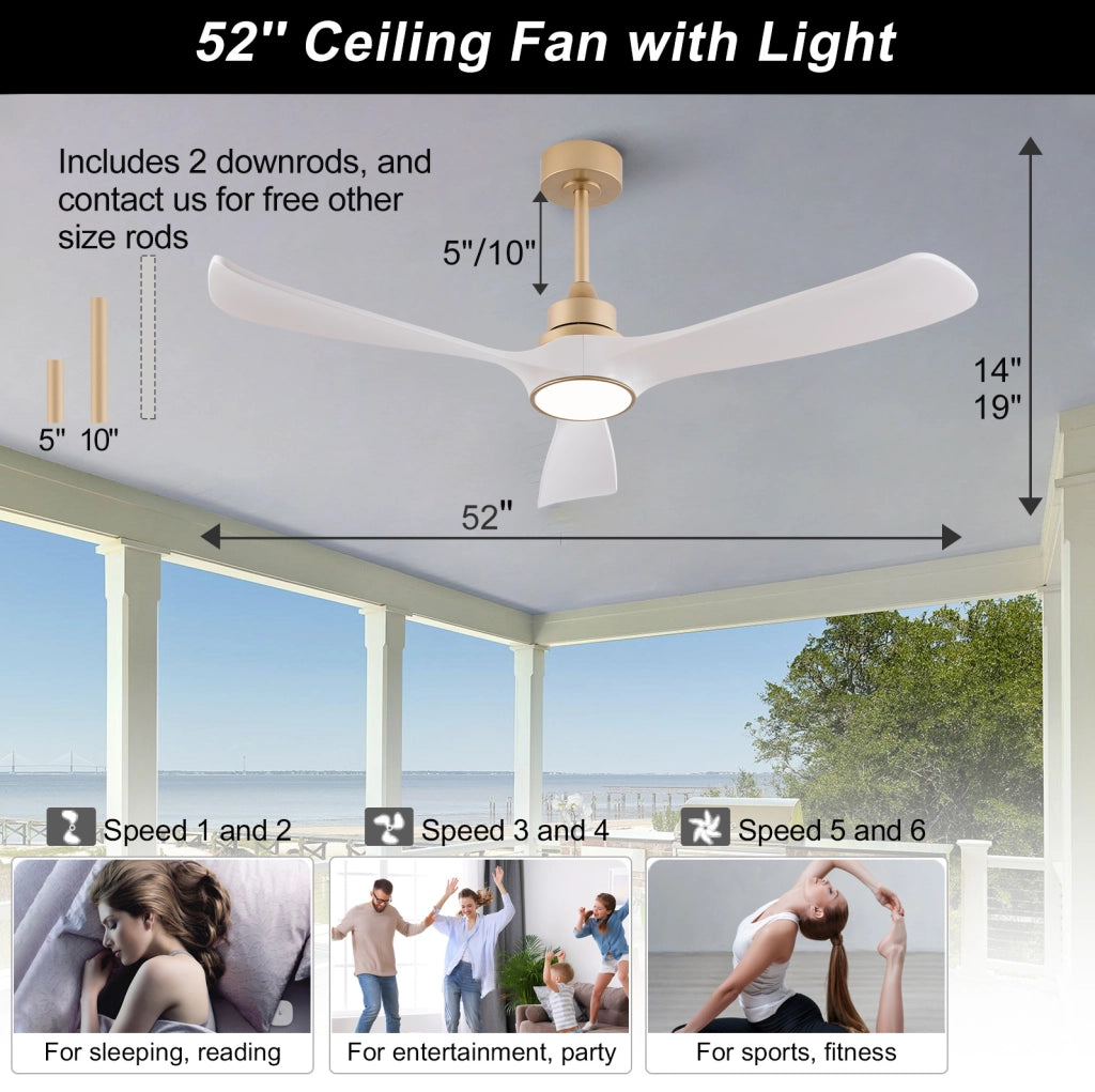 Ventilatore da soffitto ULEVR 52 pollici con luce, telecomando, motore DC reversibile e 3 pale ABS bianco e oro