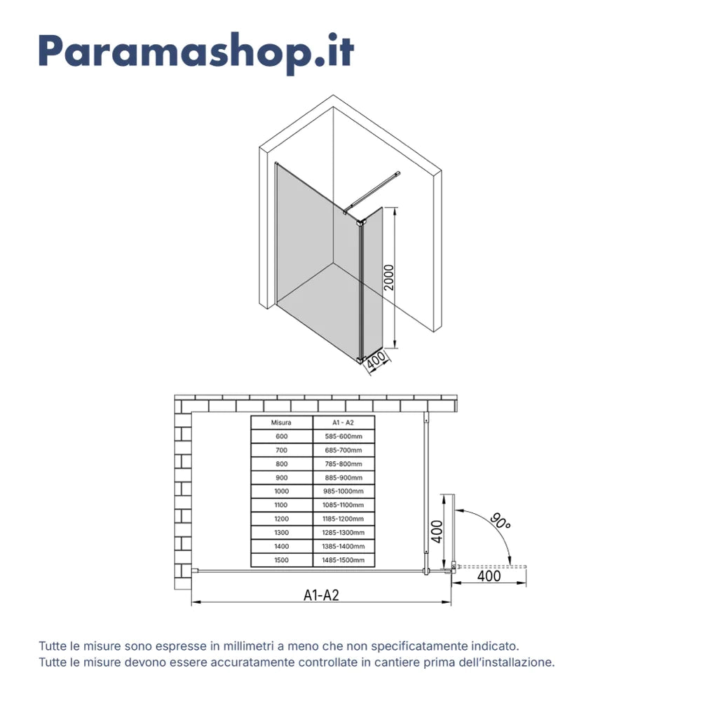 Doccia walk-in 100cm + anta 40cm vetro 8mm opaco profili cromo | Keros