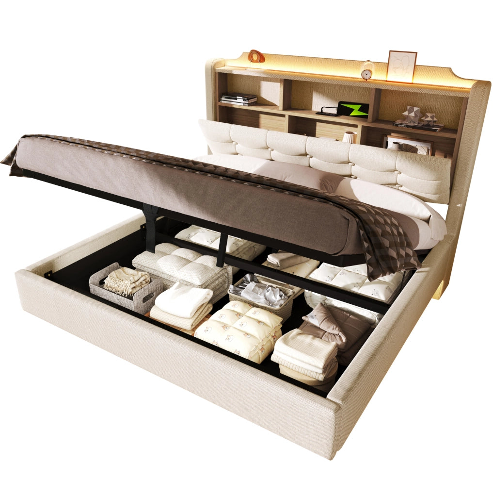 Letto imbottito 140x200 cm beige con LED, vano idraulico e USB