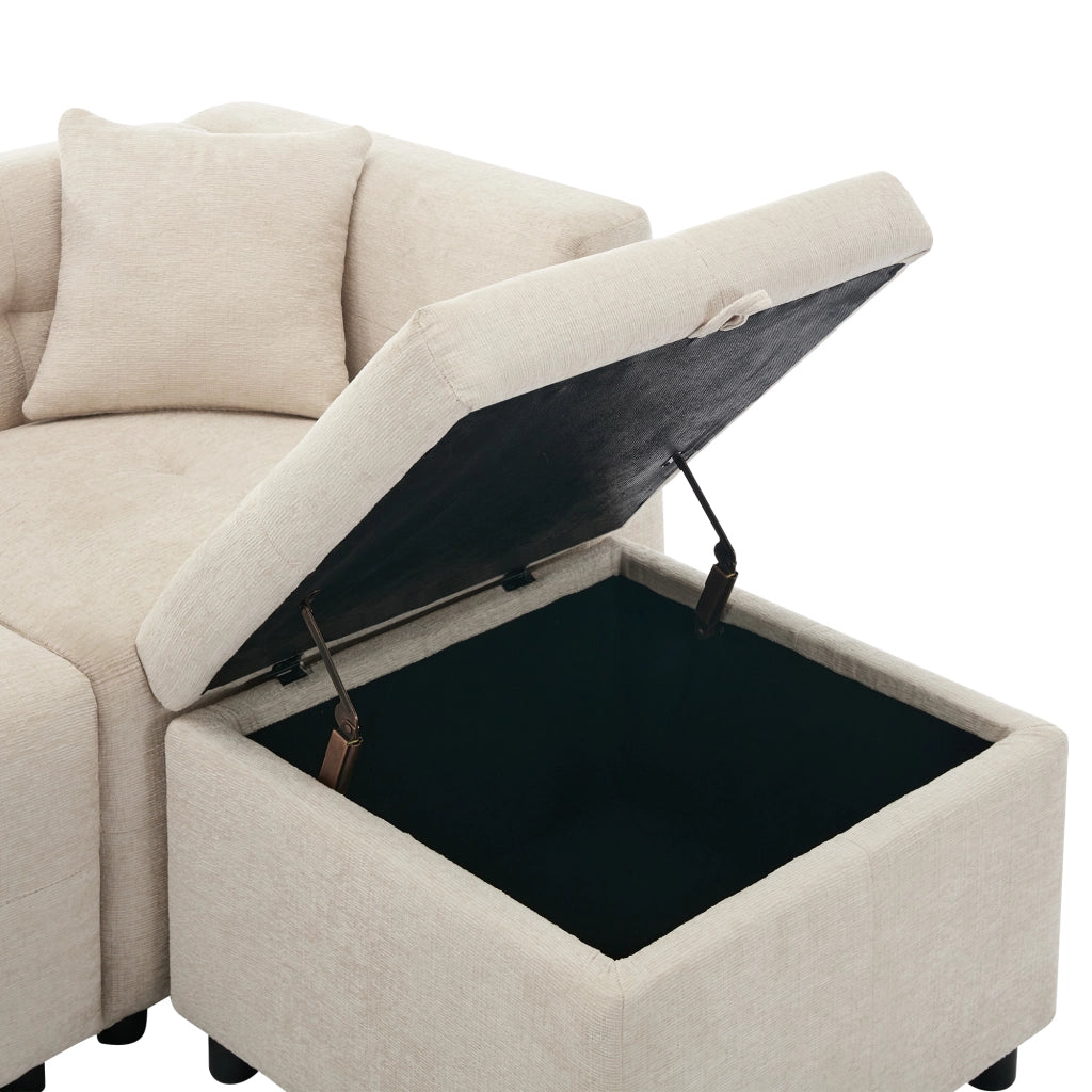 Divano angolare 3 posti 204x126 cm con pouf contenitore in ciniglia beige